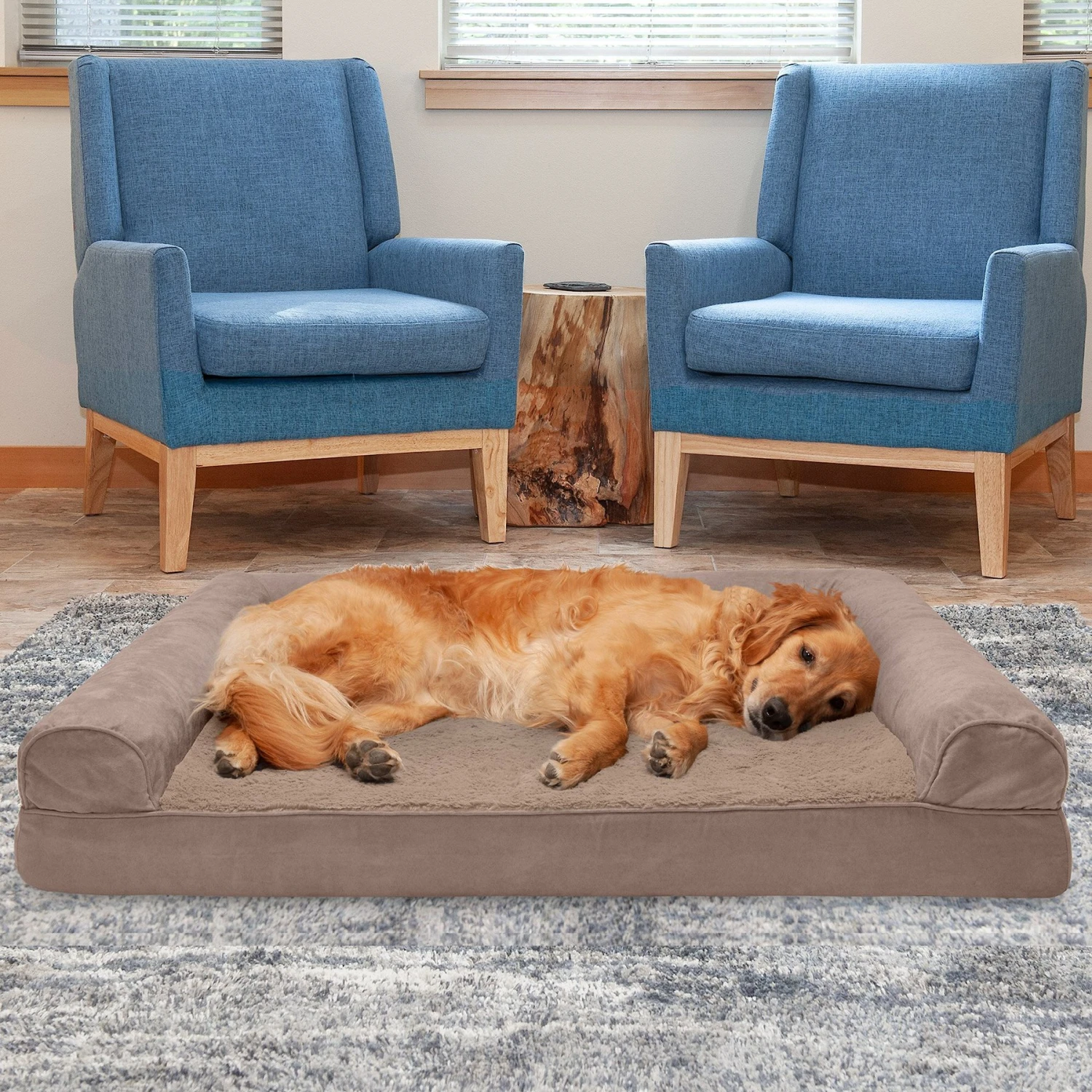 FurHaven Plush & Suede Cooling Gel Bolster Dog Bed With Removable Cover