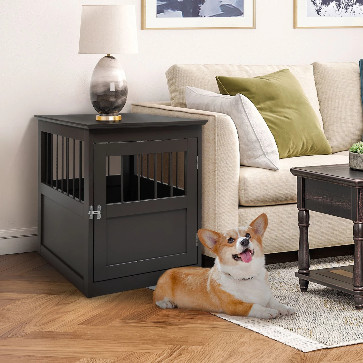 Coziwow By Jaxpety Single Door Furniture Style Wooden Dog Crate & End Table, Brown - Image 2