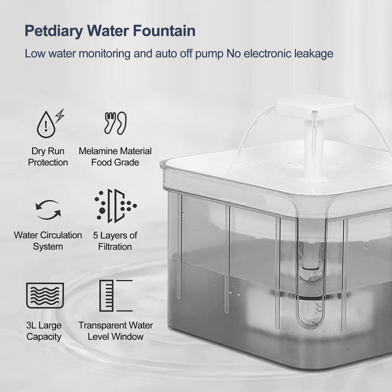 Petdiary Automatic Cat Water Fountain, White, Medium - Image 3