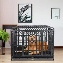 SMONTER Heavy Duty Double Lock Metal Large Breed Dog Crate, Dark Silver