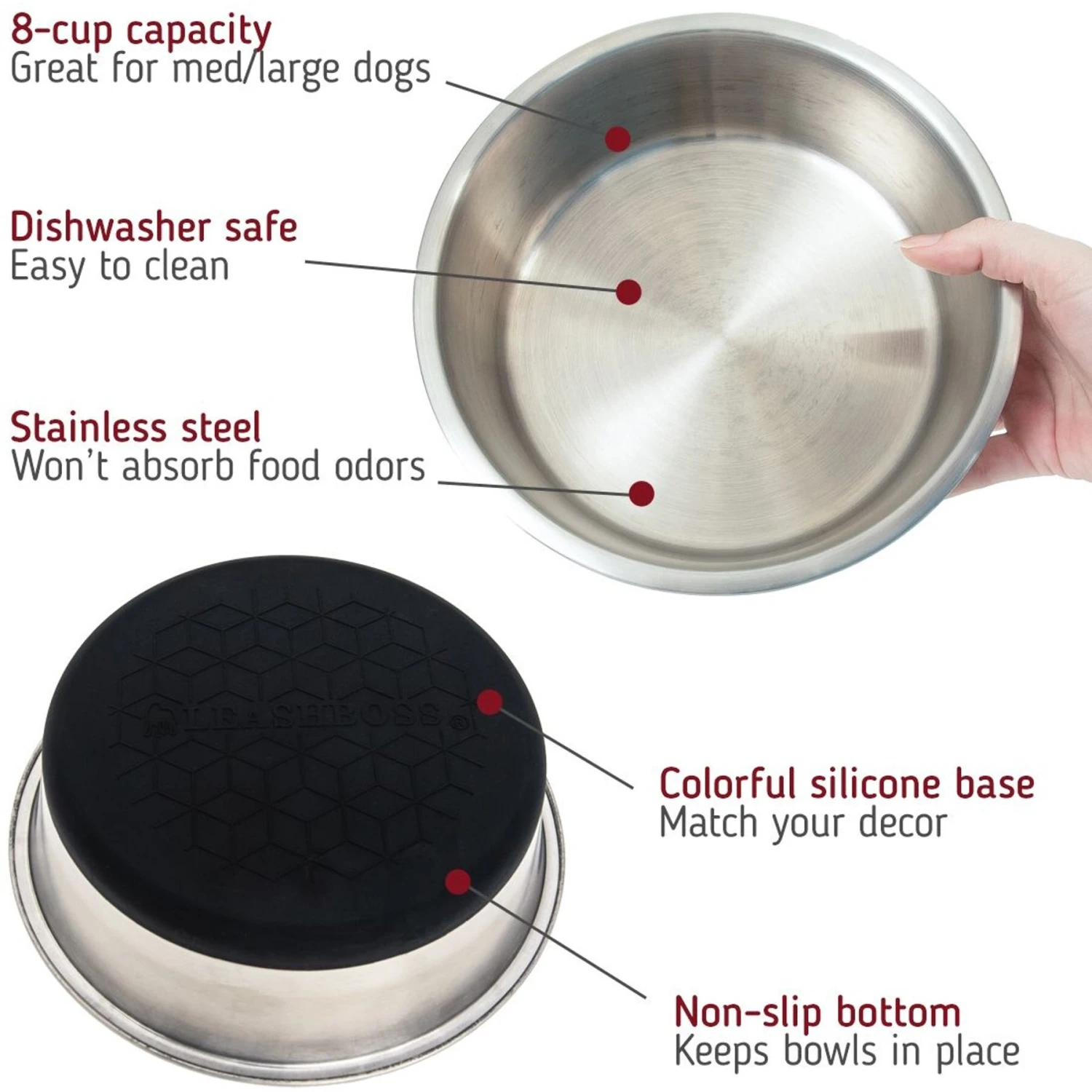 Leashboss Stainless Steel Silicone Base Dog Bowl, Medium/Large - Image 2