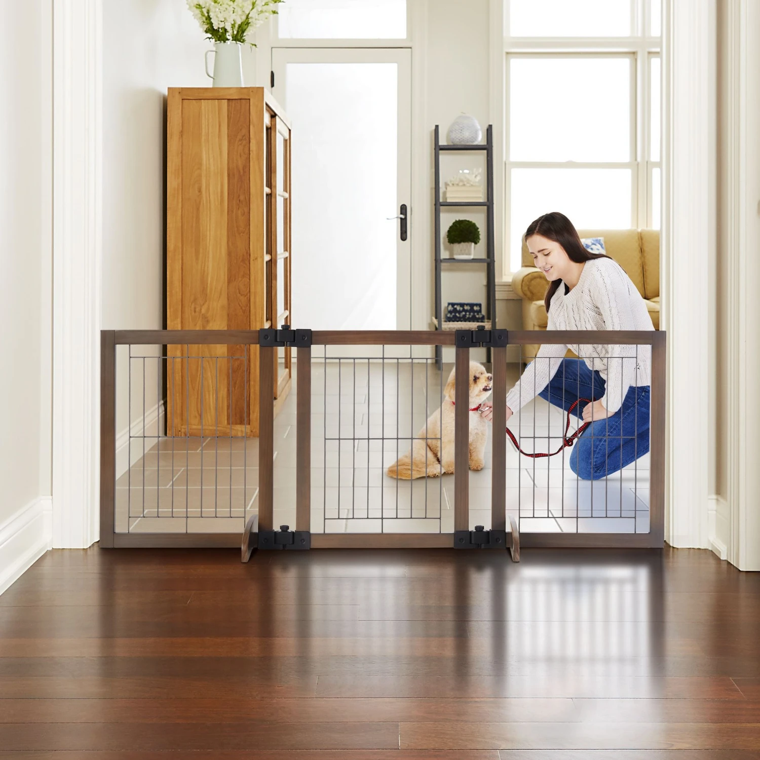 MyPet Wide Versa-Lock Freestanding Cat & Dog Gate, Woodtone