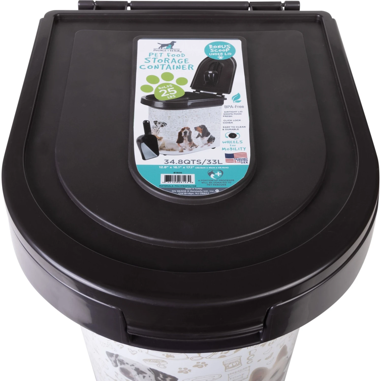 Pounce + Fetch Air Tight Cat & Dog Food Storage Container On Wheels With Scoop & Lock Cover, White, 33-lit - Image 3