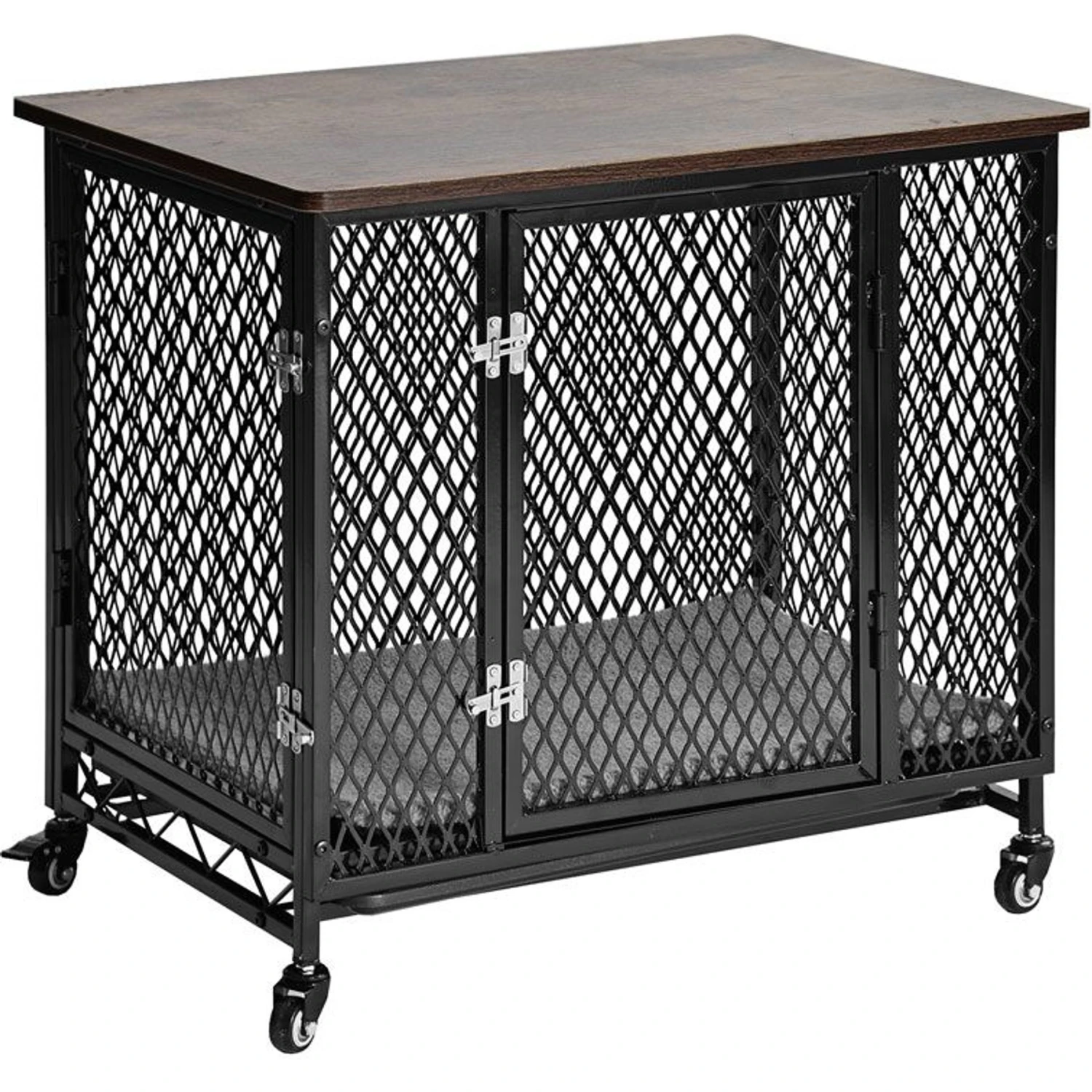 Aivituvin Side End Table Furniture Style Dog Crate With Tray, Cushion & Casters