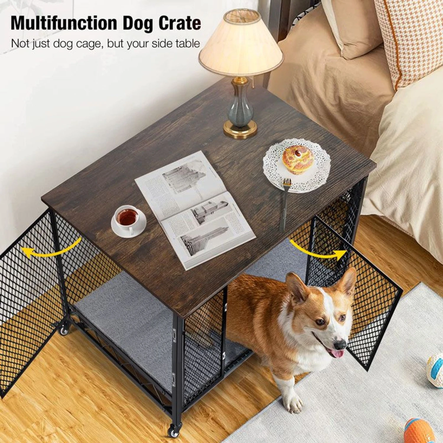 Aivituvin Side End Table Furniture Style Dog Crate With Tray, Cushion & Casters - Image 2