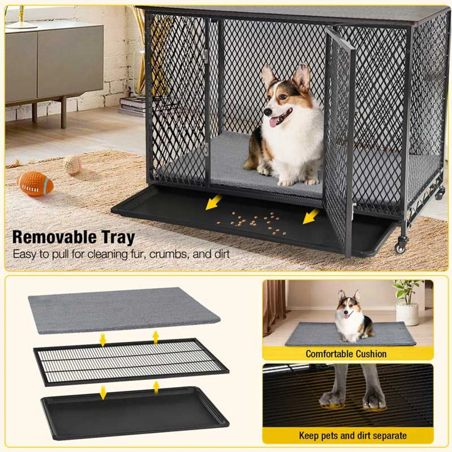 Aivituvin Side End Table Furniture Style Dog Crate With Tray, Cushion & Casters - Image 4