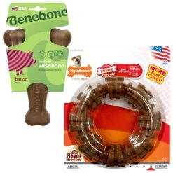 Nylabone Power Chew Textured Dog Chew Ring Toy Flavor Medley & Benebone Bacon Flavor Wishbone Tough Dog Chew Toy